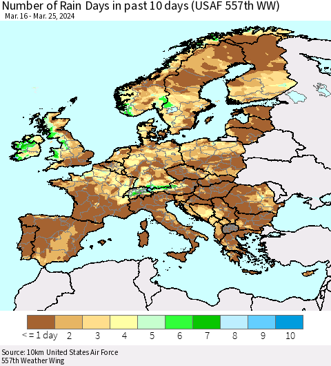 Europe Number of Rain Days in past 10 days (USAF 557th WW) Thematic Map For 3/21/2024 - 3/25/2024