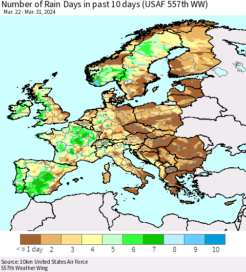Europe Number of Rain Days in past 10 days (USAF 557th WW) Thematic Map For 3/26/2024 - 3/31/2024