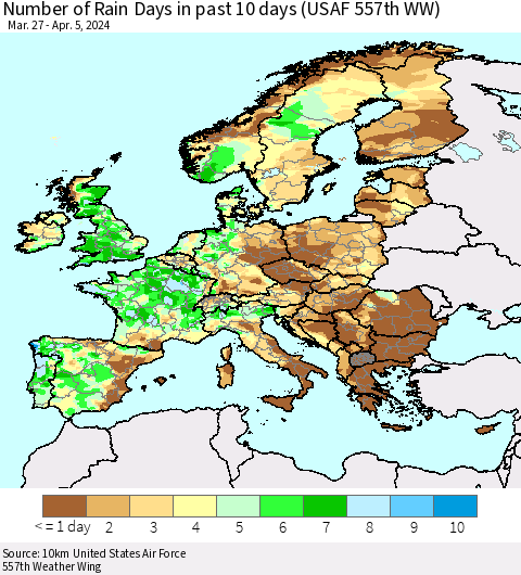 Europe Number of Rain Days in past 10 days (USAF 557th WW) Thematic Map For 4/1/2024 - 4/5/2024