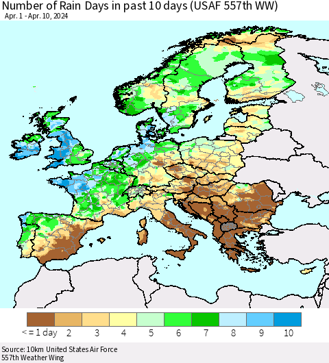 Europe Number of Rain Days in past 10 days (USAF 557th WW) Thematic Map For 4/6/2024 - 4/10/2024