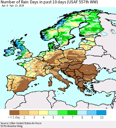 Europe Number of Rain Days in past 10 days (USAF 557th WW) Thematic Map For 4/11/2024 - 4/15/2024