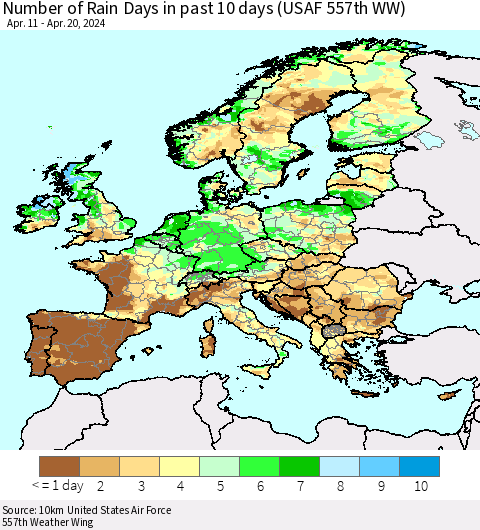 Europe Number of Rain Days in past 10 days (USAF 557th WW) Thematic Map For 4/16/2024 - 4/20/2024