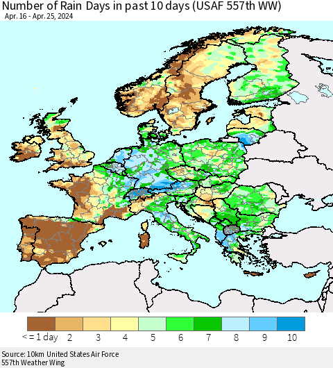 Europe Number of Rain Days in past 10 days (USAF 557th WW) Thematic Map For 4/21/2024 - 4/25/2024