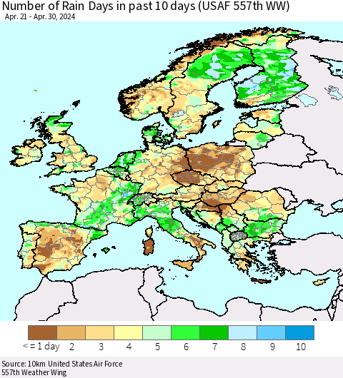 Europe Number of Rain Days in past 10 days (USAF 557th WW) Thematic Map For 4/26/2024 - 4/30/2024