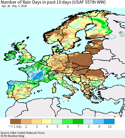Europe Number of Rain Days in past 10 days (USAF 557th WW) Thematic Map For 5/1/2024 - 5/5/2024