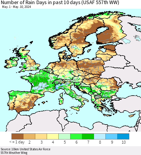 Europe Number of Rain Days in past 10 days (USAF 557th WW) Thematic Map For 5/6/2024 - 5/10/2024