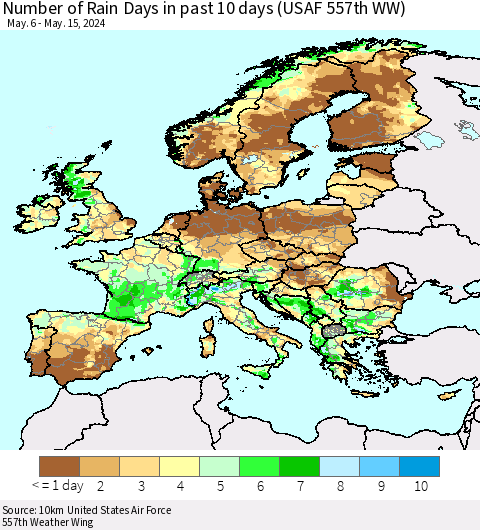 Europe Number of Rain Days in past 10 days (USAF 557th WW) Thematic Map For 5/11/2024 - 5/15/2024