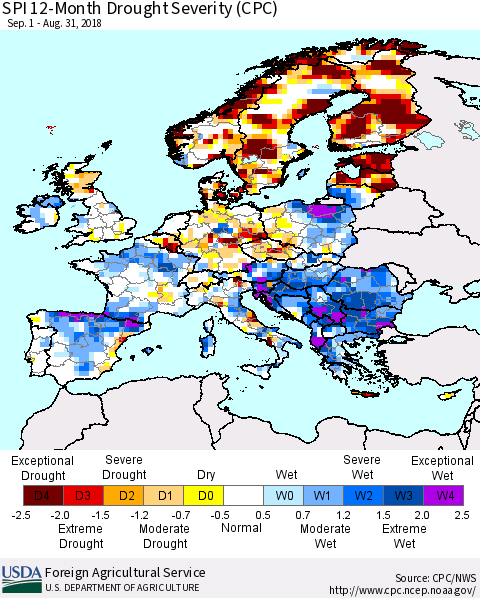 Europe SPI 12-Month Drought Severity (CPC) Thematic Map For 9/1/2017 - 8/31/2018