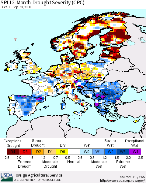 Europe SPI 12-Month Drought Severity (CPC) Thematic Map For 10/1/2017 - 9/30/2018