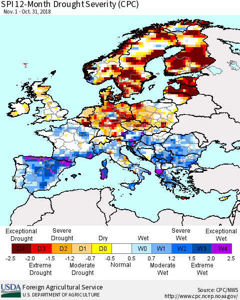 Europe SPI 12-Month Drought Severity (CPC) Thematic Map For 11/1/2017 - 10/31/2018