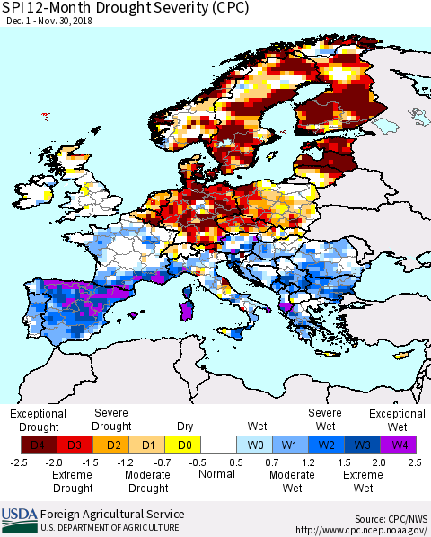 Europe SPI 12-Month Drought Severity (CPC) Thematic Map For 12/1/2017 - 11/30/2018