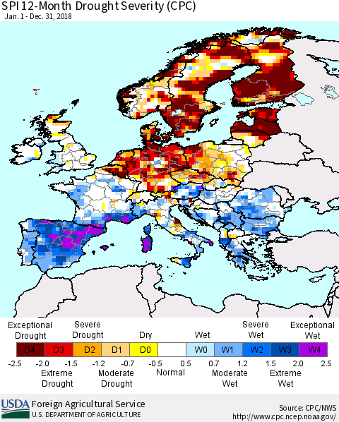 Europe SPI 12-Month Drought Severity (CPC) Thematic Map For 1/1/2018 - 12/31/2018