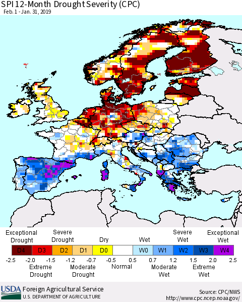 Europe SPI 12-Month Drought Severity (CPC) Thematic Map For 2/1/2018 - 1/31/2019
