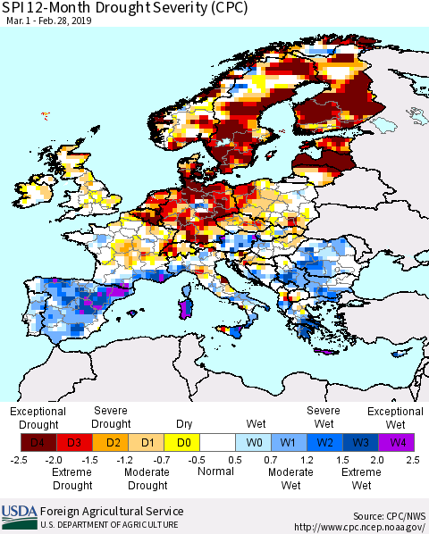 Europe SPI 12-Month Drought Severity (CPC) Thematic Map For 3/1/2018 - 2/28/2019