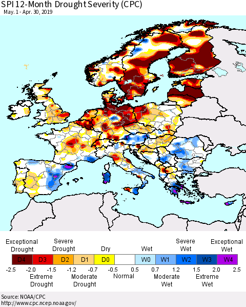 Europe SPI 12-Month Drought Severity (CPC) Thematic Map For 5/1/2018 - 4/30/2019