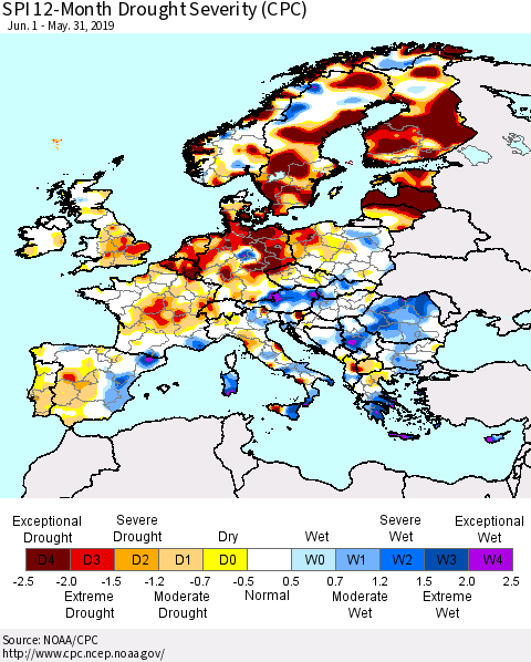 Europe SPI 12-Month Drought Severity (CPC) Thematic Map For 6/1/2018 - 5/31/2019