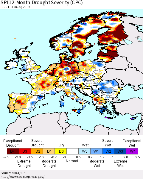Europe SPI 12-Month Drought Severity (CPC) Thematic Map For 7/1/2018 - 6/30/2019