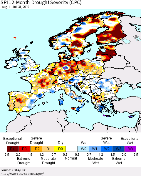 Europe SPI 12-Month Drought Severity (CPC) Thematic Map For 8/1/2018 - 7/31/2019