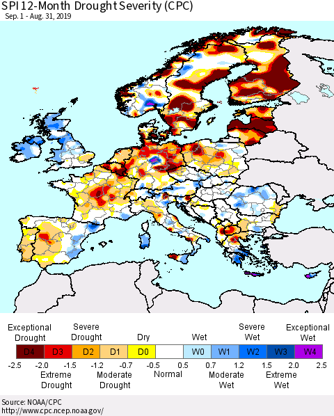 Europe SPI 12-Month Drought Severity (CPC) Thematic Map For 9/1/2018 - 8/31/2019