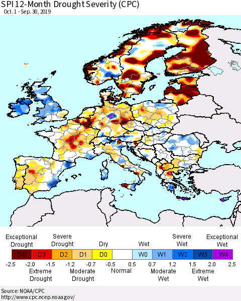 Europe SPI 12-Month Drought Severity (CPC) Thematic Map For 10/1/2018 - 9/30/2019