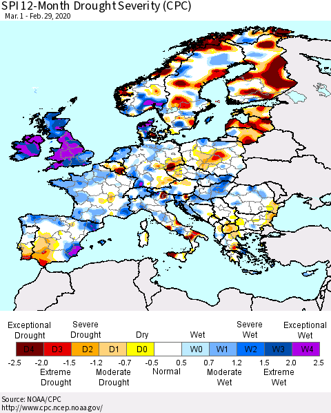 Europe SPI 12-Month Drought Severity (CPC) Thematic Map For 3/1/2019 - 2/29/2020
