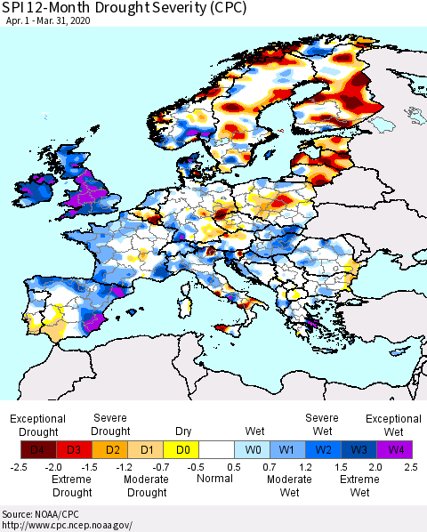 Europe SPI 12-Month Drought Severity (CPC) Thematic Map For 4/1/2019 - 3/31/2020