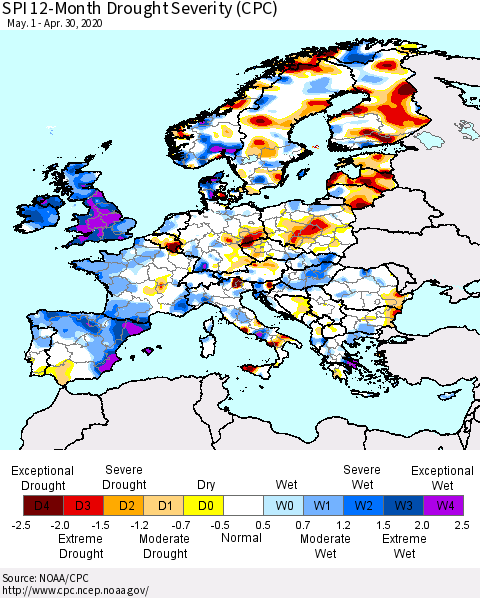 Europe SPI 12-Month Drought Severity (CPC) Thematic Map For 5/1/2019 - 4/30/2020