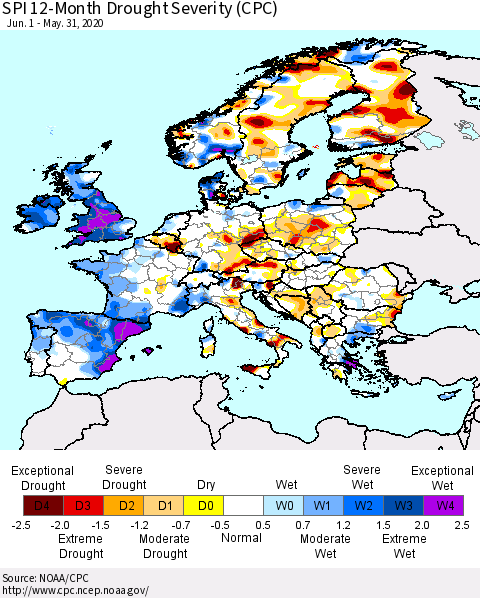 Europe SPI 12-Month Drought Severity (CPC) Thematic Map For 6/1/2019 - 5/31/2020