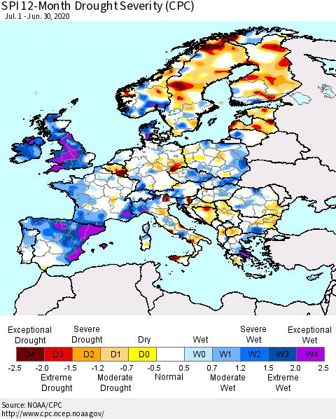 Europe SPI 12-Month Drought Severity (CPC) Thematic Map For 7/1/2019 - 6/30/2020
