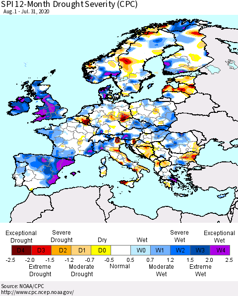 Europe SPI 12-Month Drought Severity (CPC) Thematic Map For 8/1/2019 - 7/31/2020