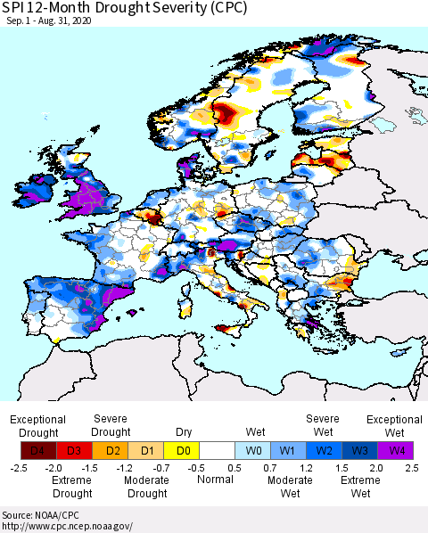 Europe SPI 12-Month Drought Severity (CPC) Thematic Map For 9/1/2019 - 8/31/2020