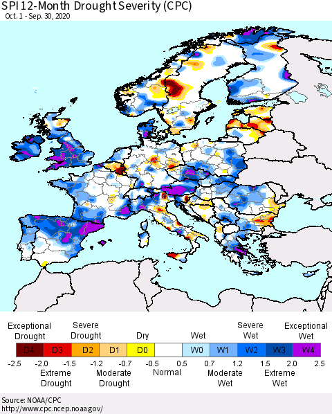 Europe SPI 12-Month Drought Severity (CPC) Thematic Map For 10/1/2019 - 9/30/2020