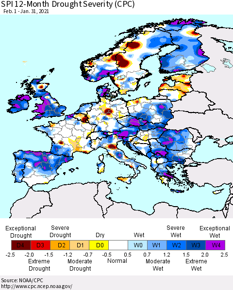 Europe SPI 12-Month Drought Severity (CPC) Thematic Map For 2/1/2020 - 1/31/2021