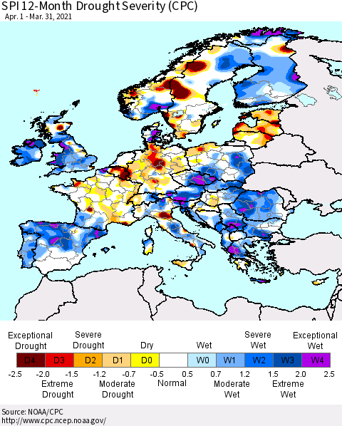 Europe SPI 12-Month Drought Severity (CPC) Thematic Map For 4/1/2020 - 3/31/2021