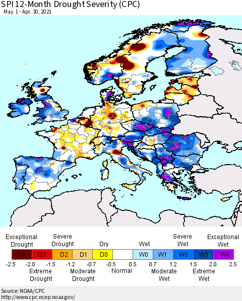 Europe SPI 12-Month Drought Severity (CPC) Thematic Map For 5/1/2020 - 4/30/2021