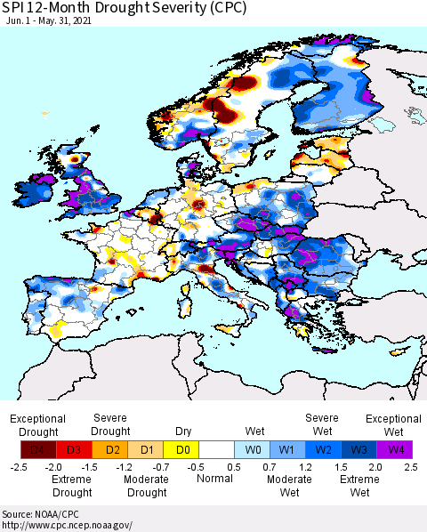 Europe SPI 12-Month Drought Severity (CPC) Thematic Map For 6/1/2020 - 5/31/2021