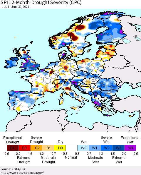 Europe SPI 12-Month Drought Severity (CPC) Thematic Map For 7/1/2020 - 6/30/2021