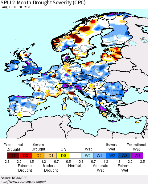 Europe SPI 12-Month Drought Severity (CPC) Thematic Map For 8/1/2020 - 7/31/2021