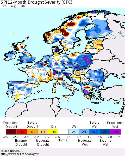 Europe SPI 12-Month Drought Severity (CPC) Thematic Map For 9/1/2020 - 8/31/2021