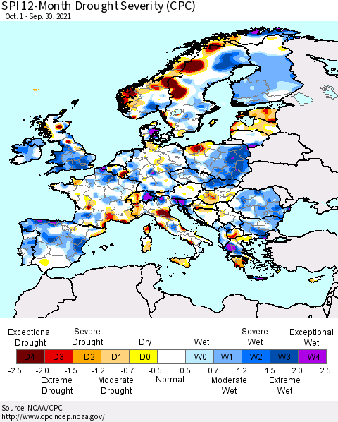 Europe SPI 12-Month Drought Severity (CPC) Thematic Map For 10/1/2020 - 9/30/2021