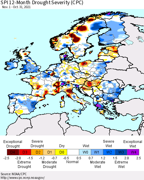 Europe SPI 12-Month Drought Severity (CPC) Thematic Map For 11/1/2020 - 10/31/2021
