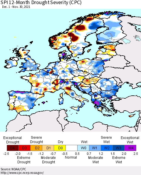 Europe SPI 12-Month Drought Severity (CPC) Thematic Map For 12/1/2020 - 11/30/2021