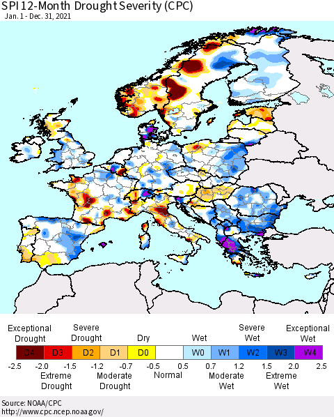Europe SPI 12-Month Drought Severity (CPC) Thematic Map For 1/1/2021 - 12/31/2021