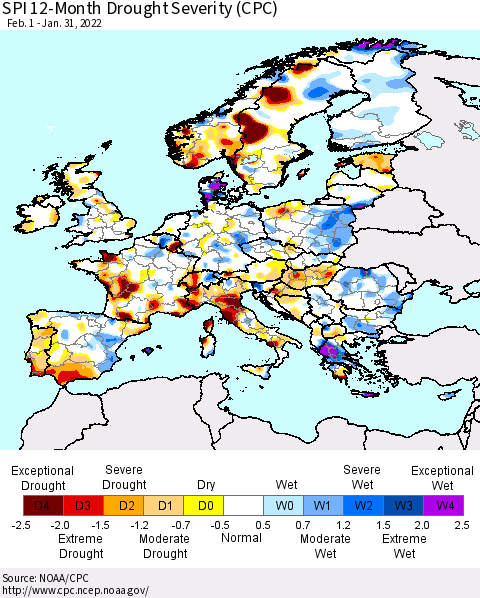 Europe SPI 12-Month Drought Severity (CPC) Thematic Map For 2/1/2021 - 1/31/2022