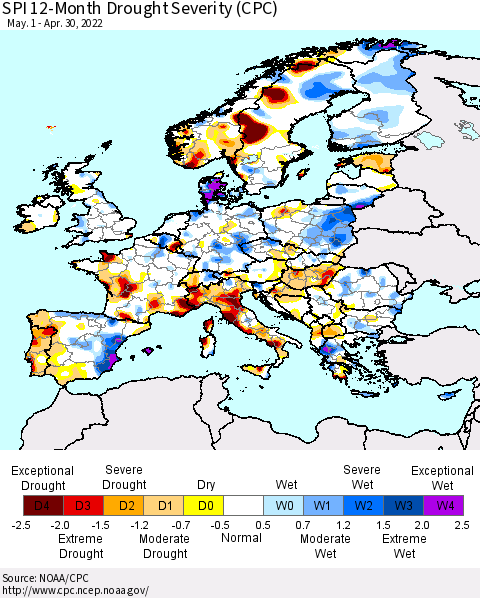 Europe SPI 12-Month Drought Severity (CPC) Thematic Map For 5/1/2021 - 4/30/2022