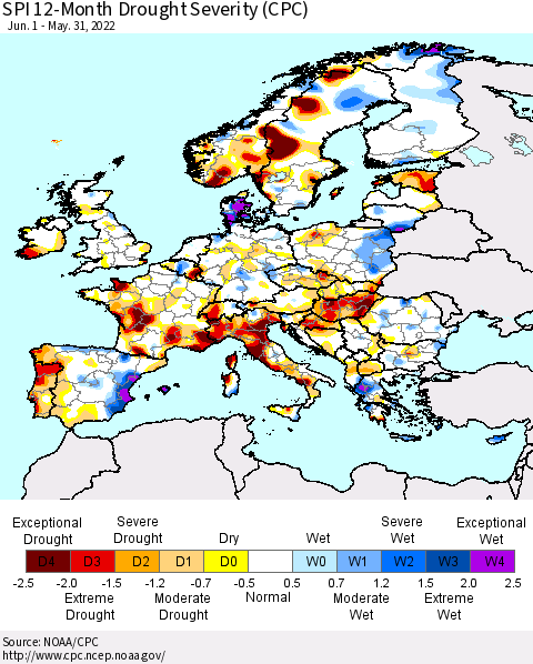Europe SPI 12-Month Drought Severity (CPC) Thematic Map For 6/1/2021 - 5/31/2022