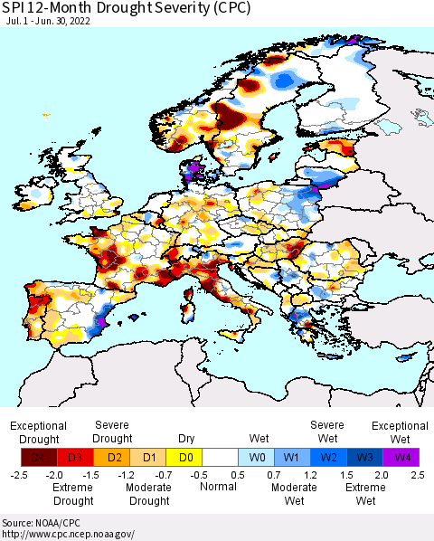 Europe SPI 12-Month Drought Severity (CPC) Thematic Map For 7/1/2021 - 6/30/2022