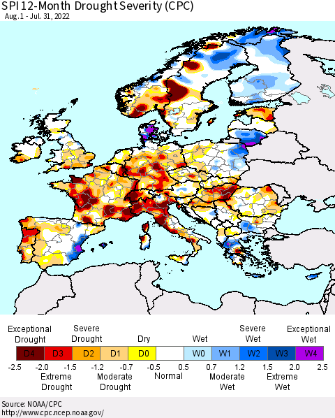 Europe SPI 12-Month Drought Severity (CPC) Thematic Map For 8/1/2021 - 7/31/2022