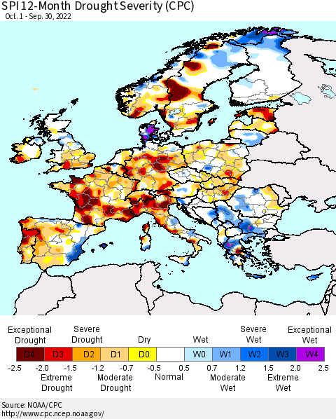 Europe SPI 12-Month Drought Severity (CPC) Thematic Map For 10/1/2021 - 9/30/2022