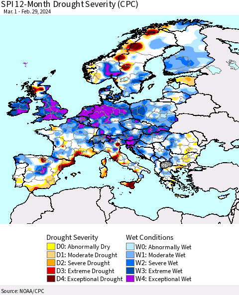 Europe SPI 12-Month Drought Severity (CPC) Thematic Map For 3/1/2023 - 2/29/2024